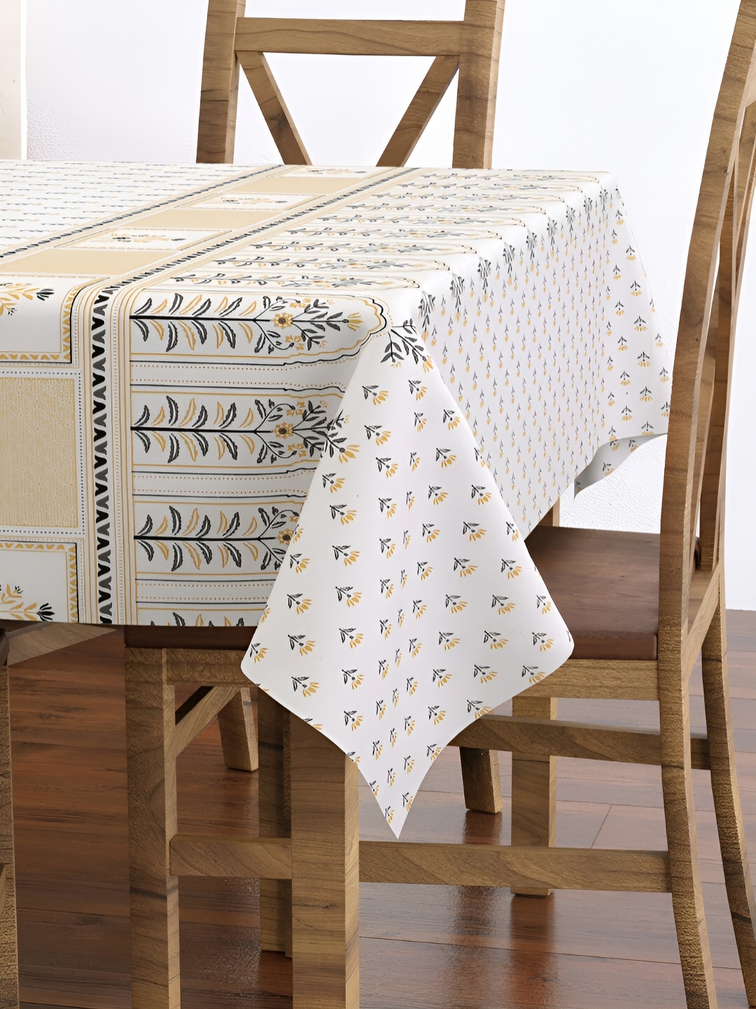 

BLOCKS OF INDIA White & Grey Floral Cotton 6 Seater Table Cover