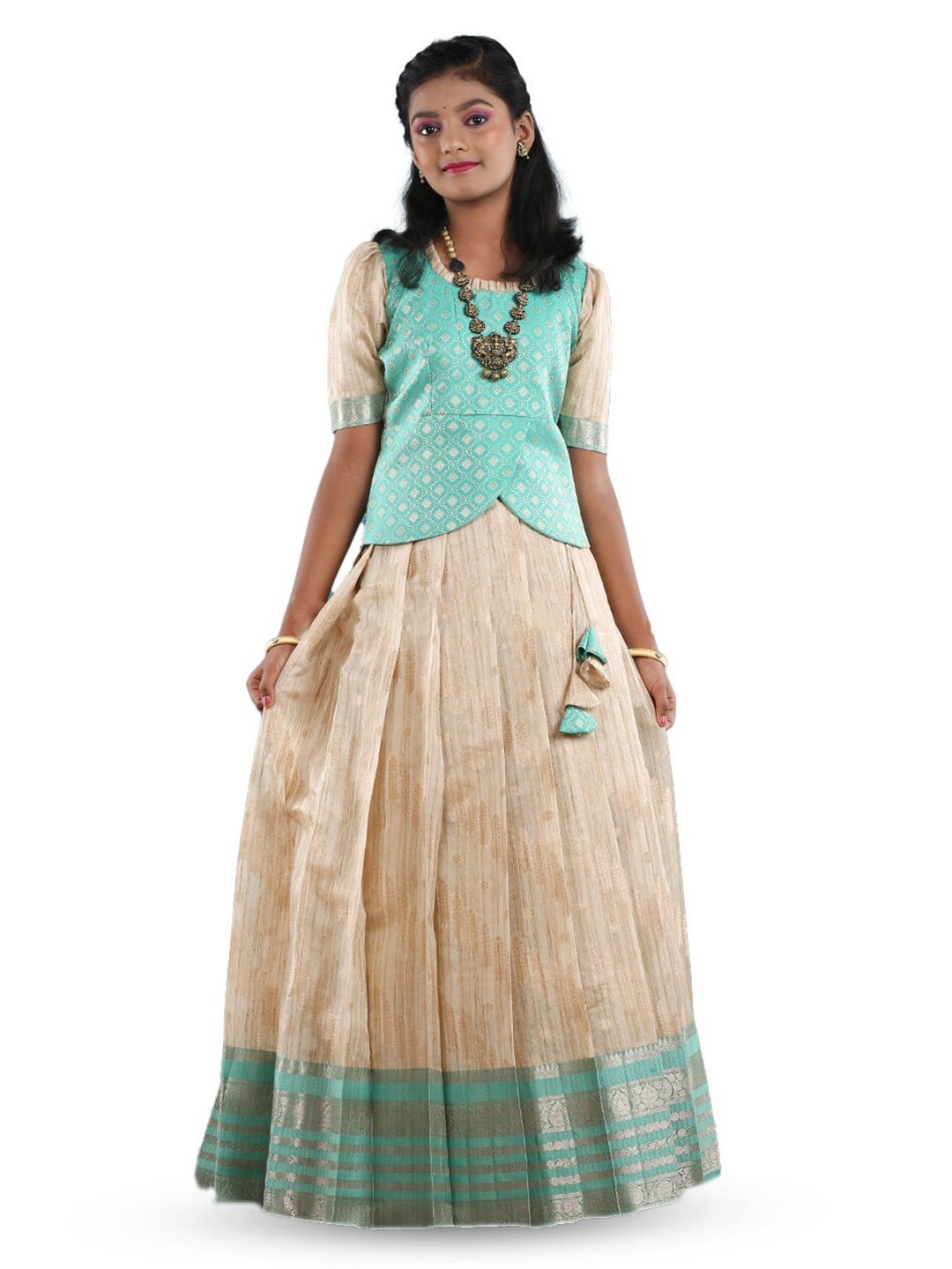 

SHIVANGI clothing Girls Pattu Pavadai Ethnic Dress, Beige