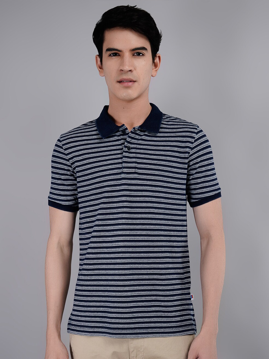 

TIM PARIS Striped Polo Collar Cotton T-shirt, Navy blue