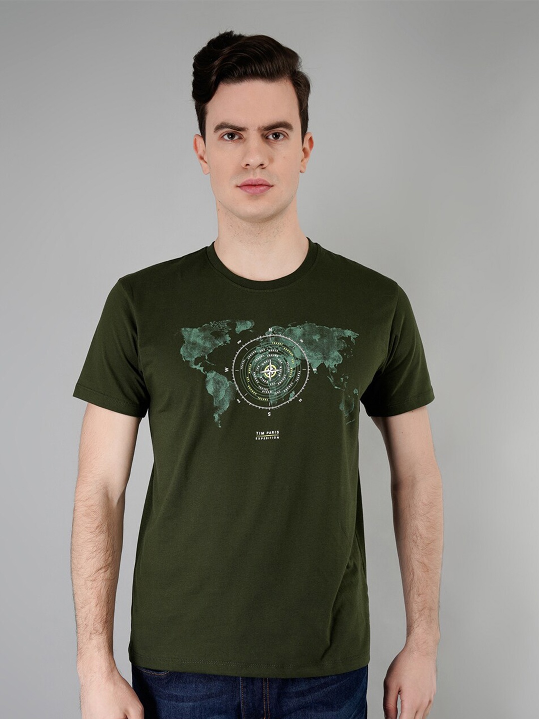 

TIM PARIS Graphic Printed Cotton T-shirt, Olive