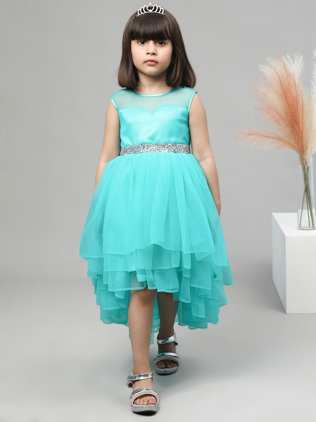 

Toy Balloon kids Girls Embellished Round Neck Fit & Flare Net Dress, Green