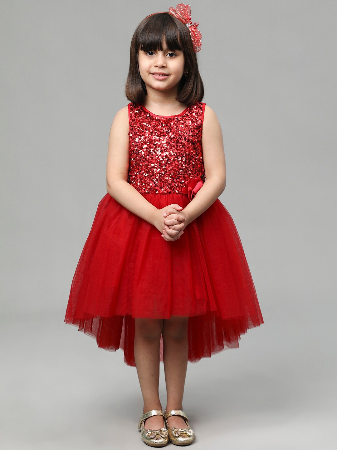 

Toy Balloon kids Girls Embellished Round Neck Fit & Flare Net Dress, Red