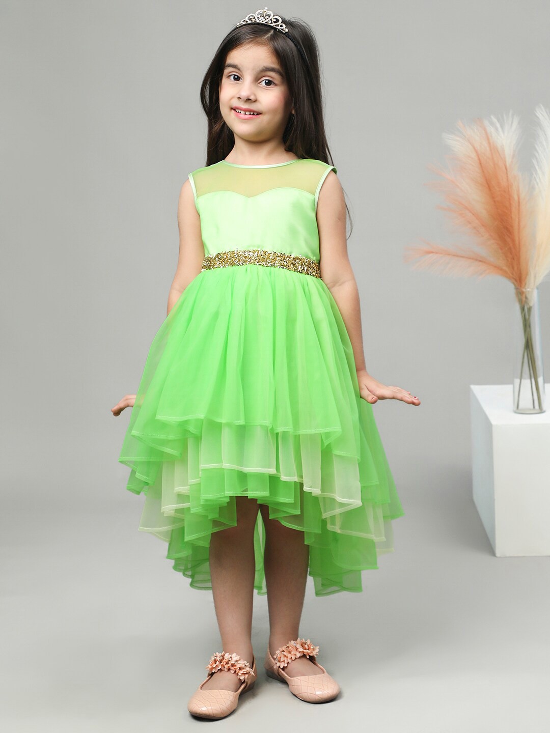 

Toy Balloon kids Girls Embellished Round Neck Fit & Flare Net Dress, Green