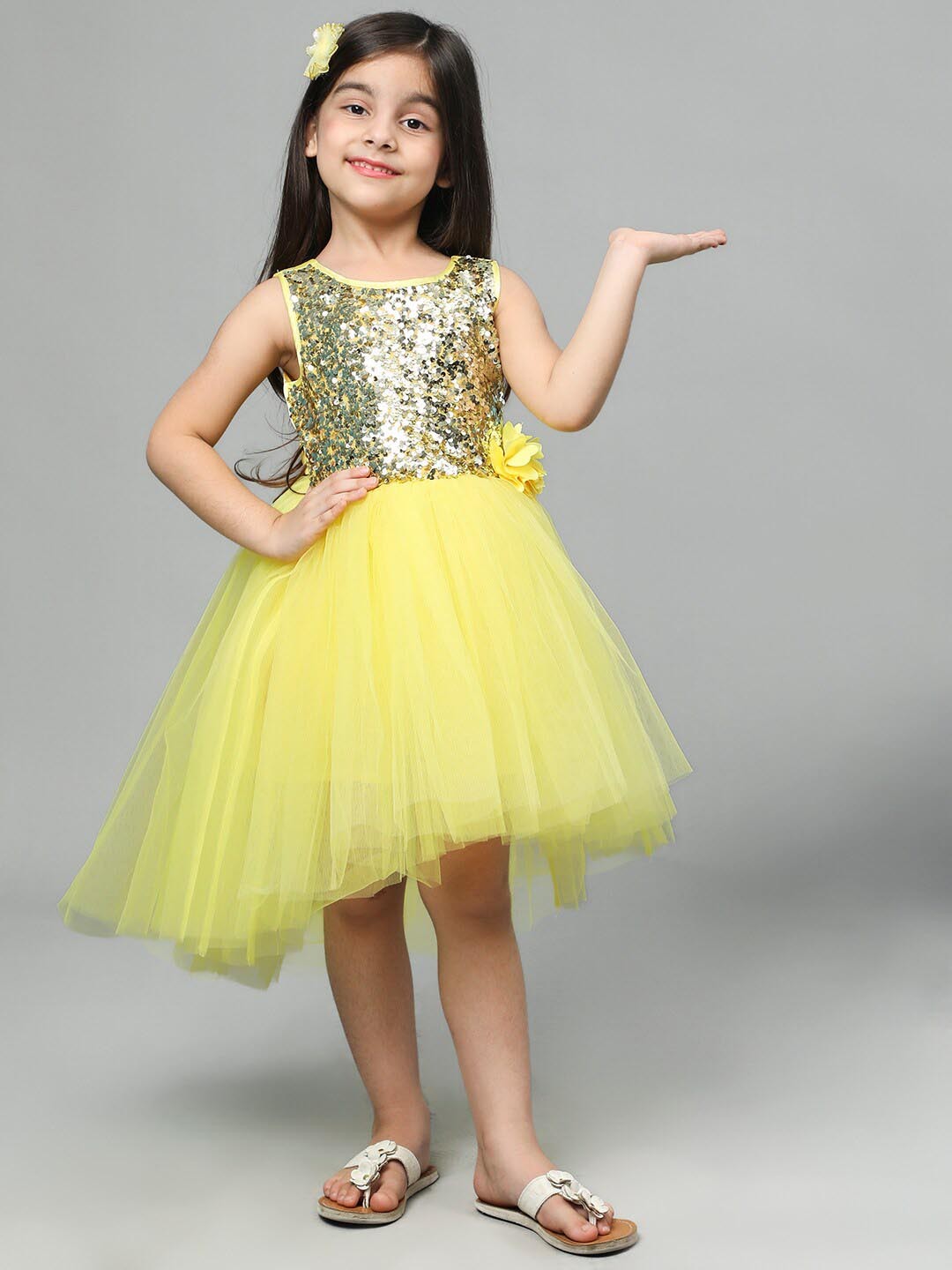 

Toy Balloon kids Girls Embellished Round Neck Fit & Flare Net Dress, Yellow