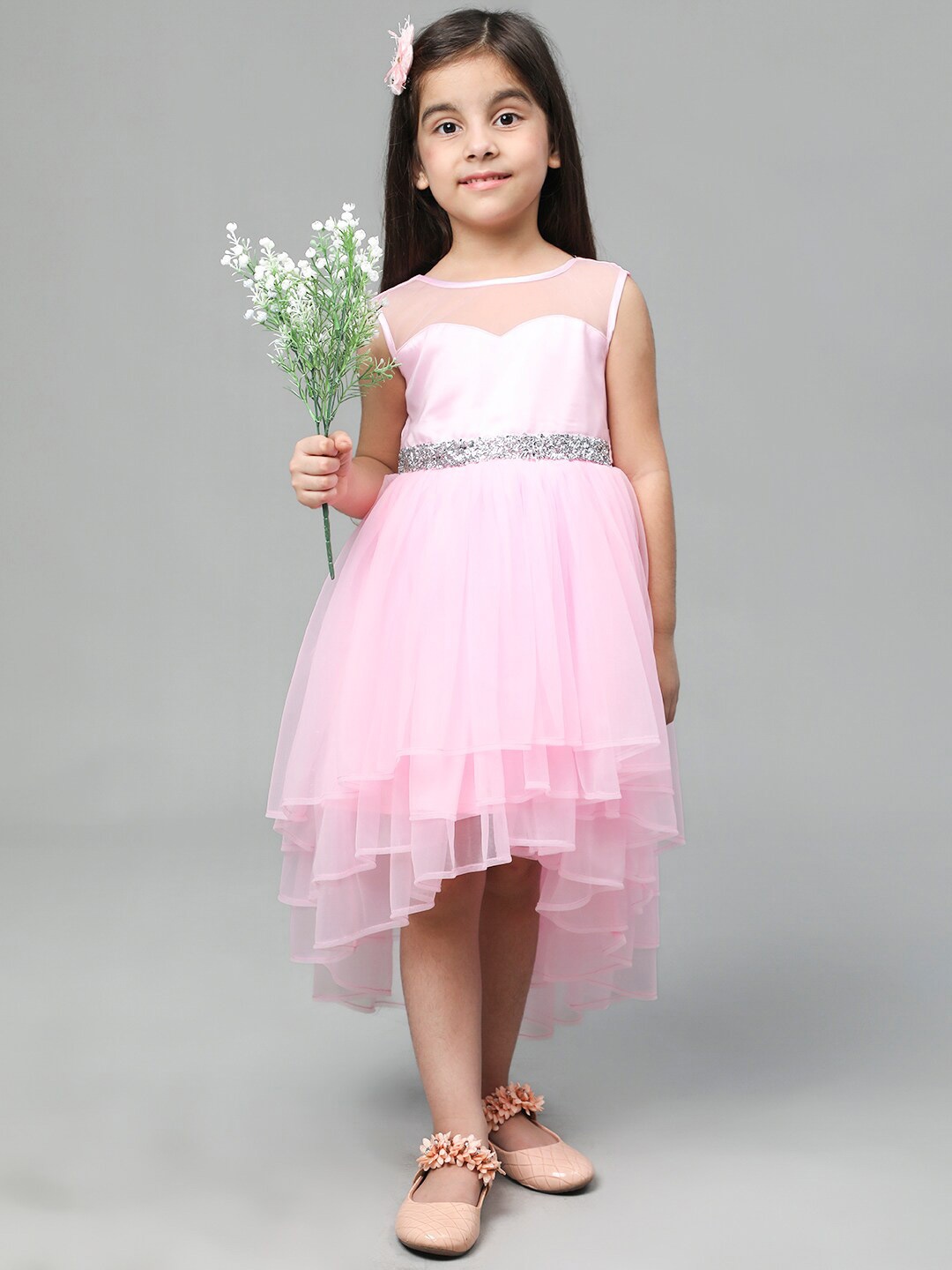 

Toy Balloon kids Girls Embellished Round Neck Fit & Flare Net Dress, Pink