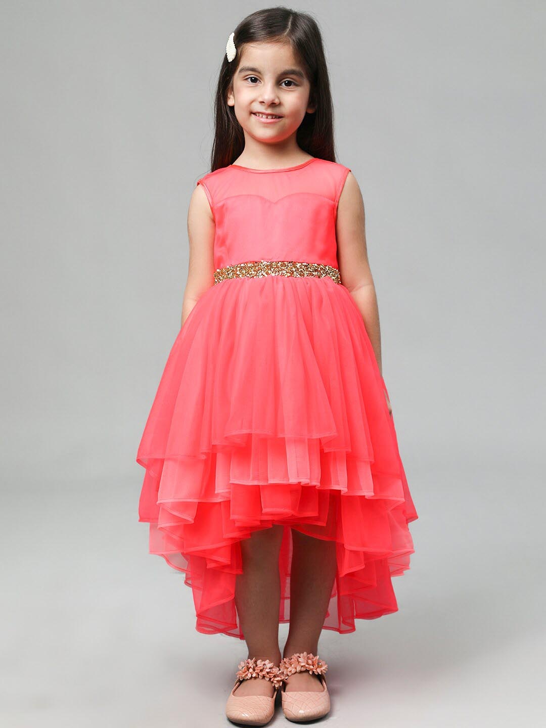

Toy Balloon kids Girls Tulle Round Neck Sleeveless Midi Dress, Coral