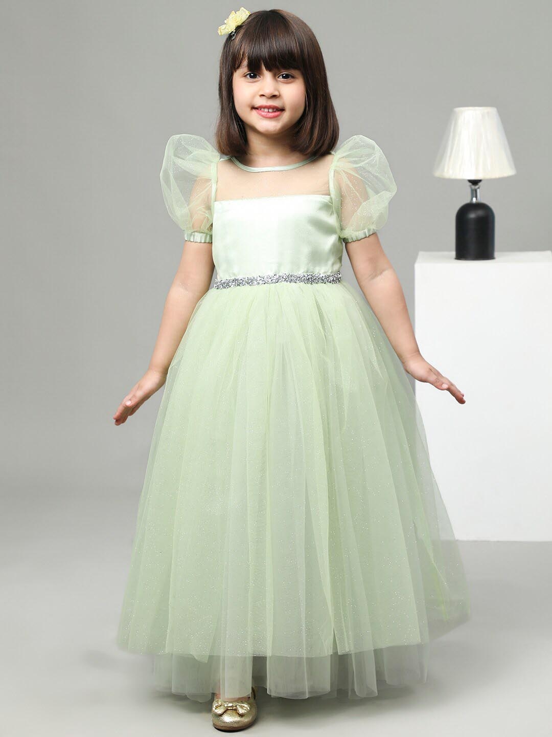 

Toy Balloon kids Girls Embellished Round Neck Fit & Flare Net Dress, Green