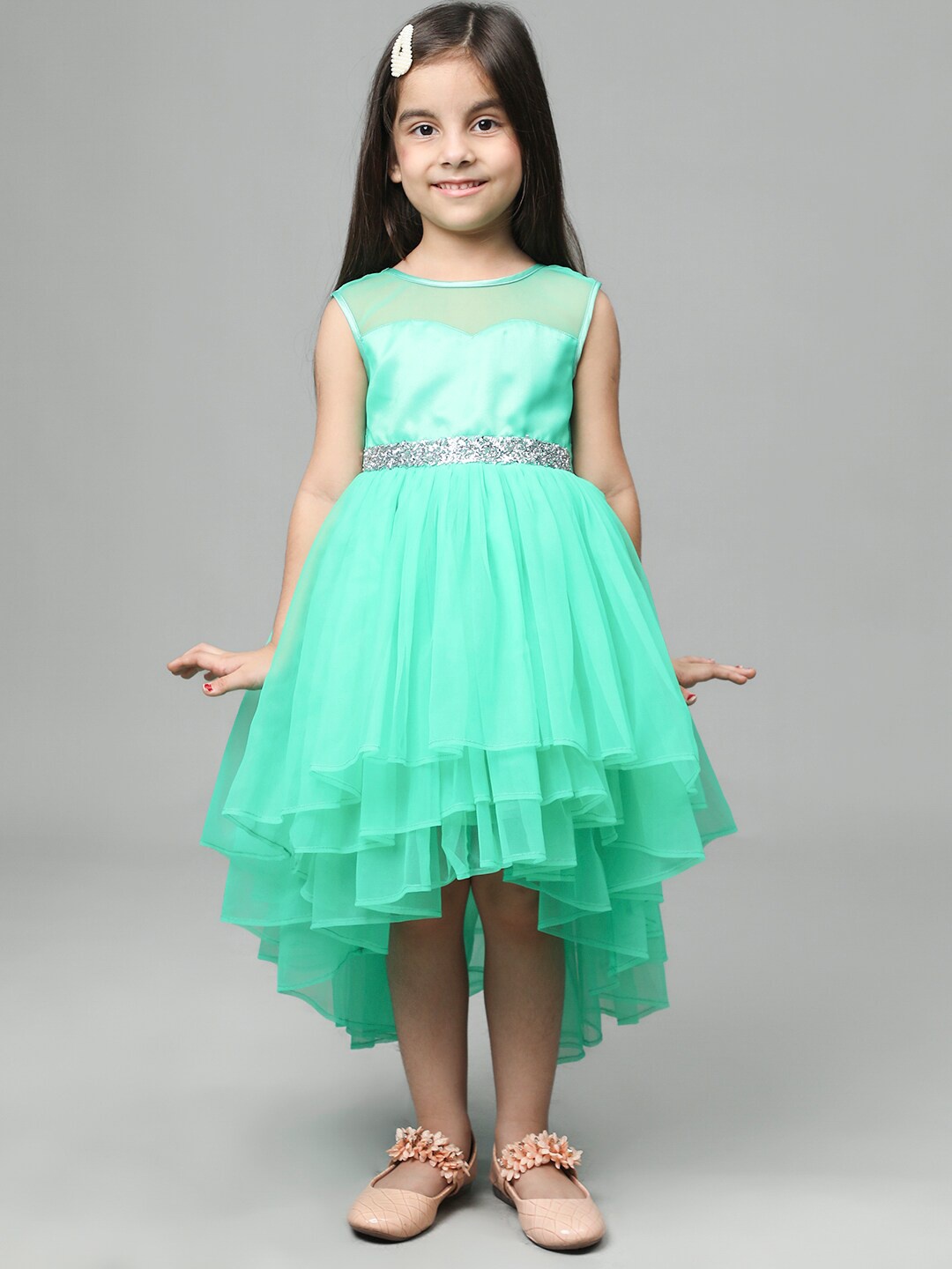 

Toy Balloon kids Girls Embellished Round Neck Fit & Flare Sleeveless Net Dress, Green