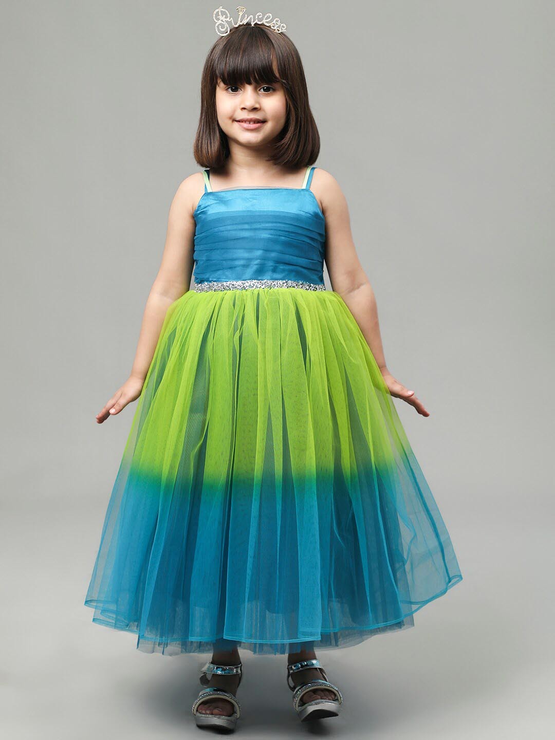 

Toy Balloon kids Girls Tulle Colour blocked Shoulder Straps Maxi Dress, Green
