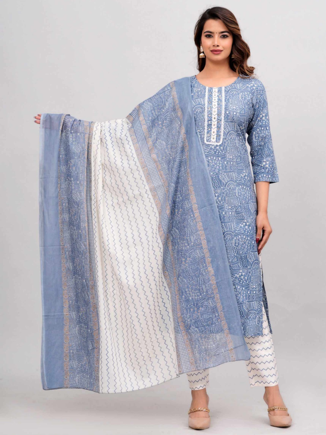 

KALINI Geometric Printed Beads & Stones U-Neck Pure Cotton Kurta With Pant & Dupatta, Blue