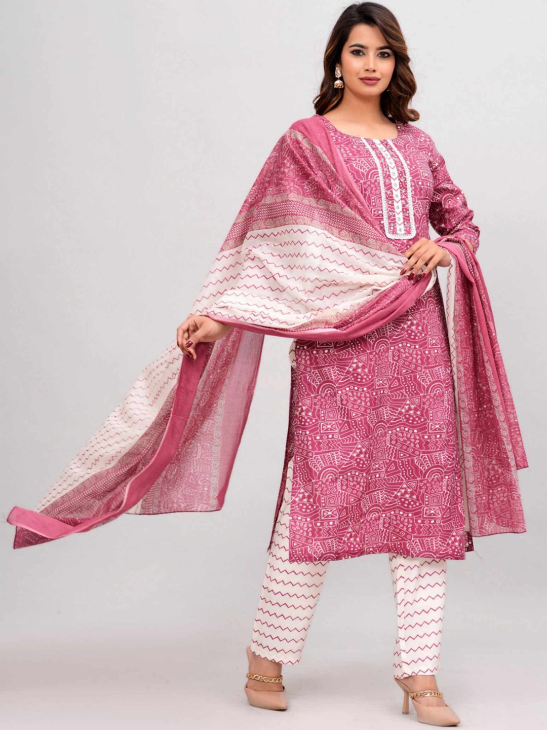 

KALINI Geometric Printed Beads & Stones U-Neck Pure Cotton Kurta With Pant & Dupatta, Pink