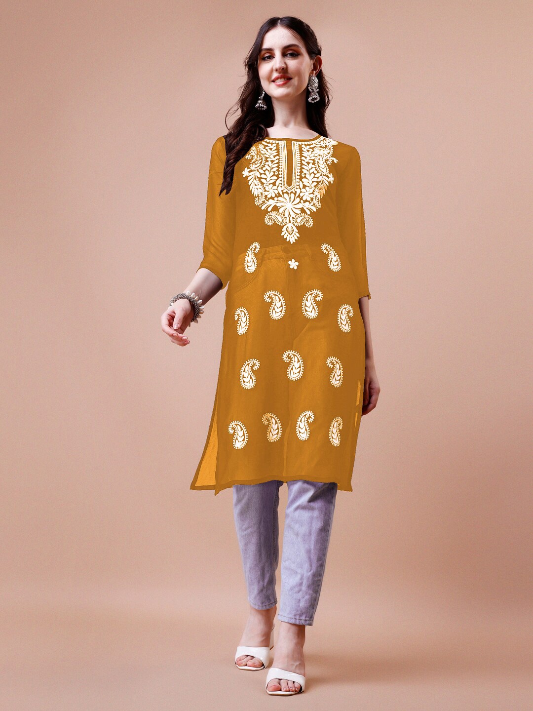 

KALINI Embroidered Ethnic Motifs Georgette Straight Round Neck Chikankari Kurta, Mustard