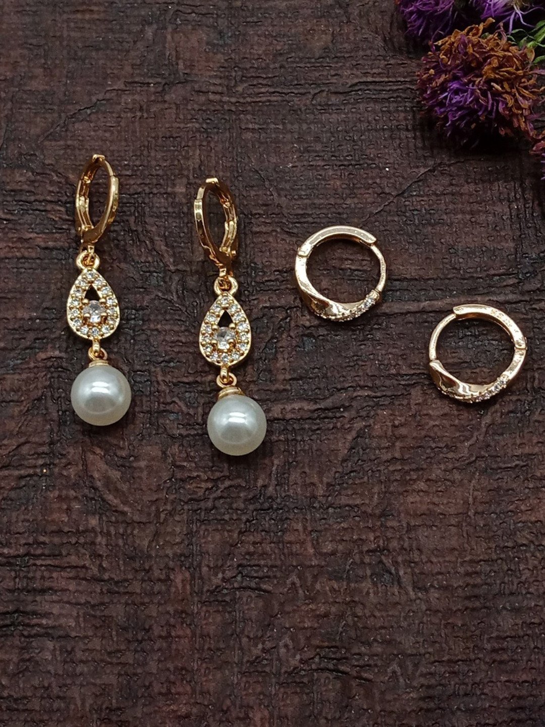 

AASHISH IMITATION Set Of 2 Rose Gold-Plated American Diamond Studded Drop Earrings