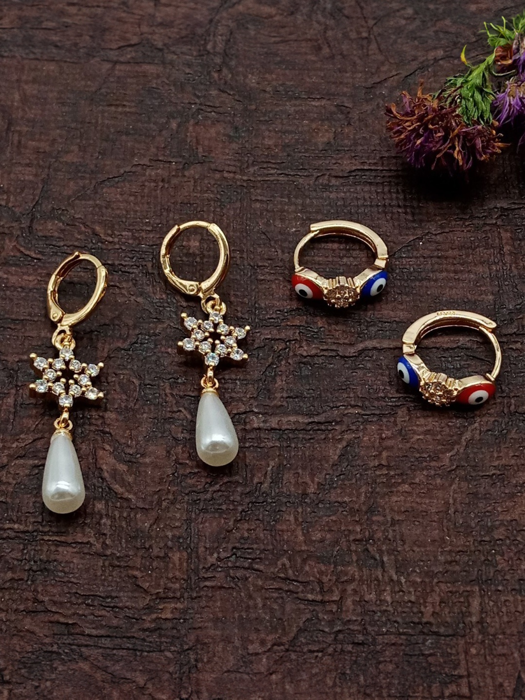 

AASHISH IMITATION Set Of 2 Rose Gold-Plated American Diamond Studded Drop Earrings