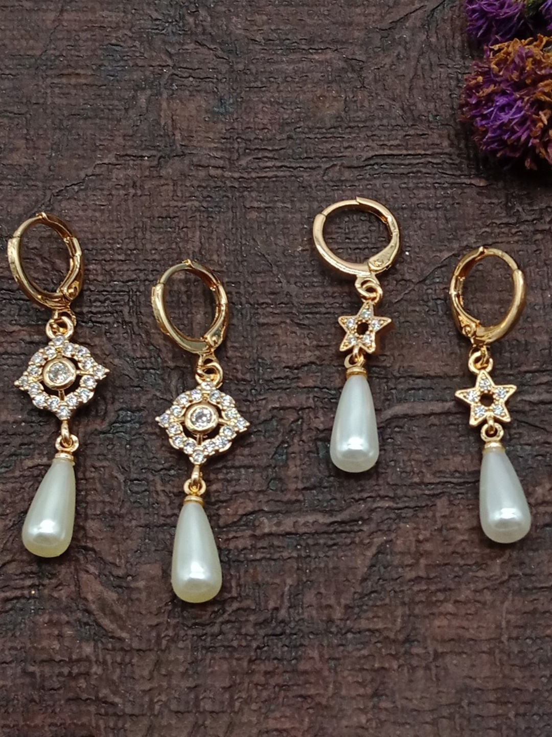 

AASHISH IMITATION Set Of 2 Rose Gold-Plated American Diamond Studded Drop Earrings