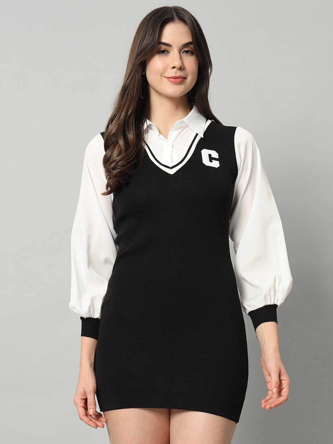 

BROOWL Puff Sleeve Woollen Shirt Style Bodycon Mini Dress, Black