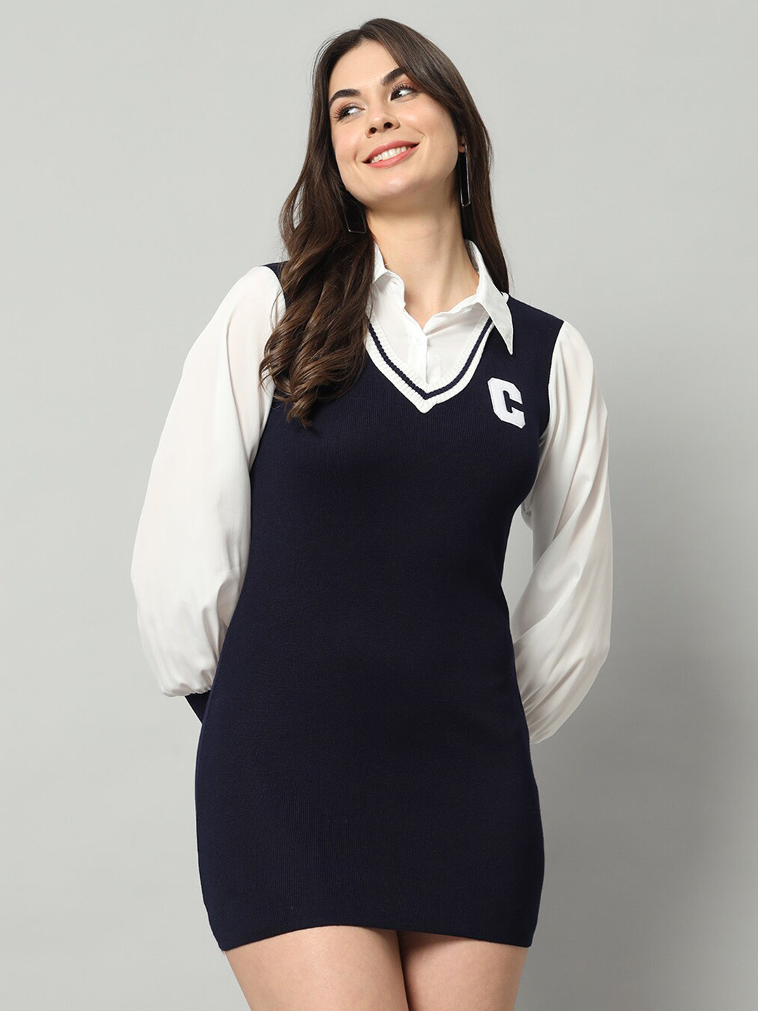 

BROOWL Puff Sleeve Woollen Shirt Style Bodycon Mini Dress, Blue