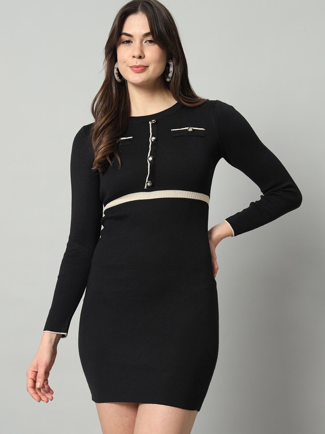 

BROOWL Woollen Bodycon Opaque Dress, Black