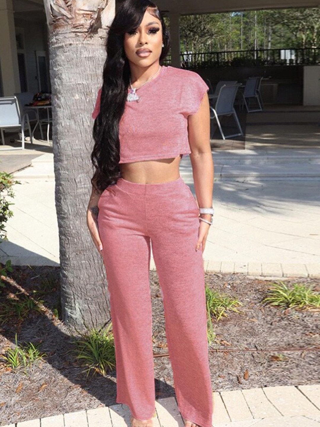 

StyleCast Pink Round Neck Crop Top & Trousers