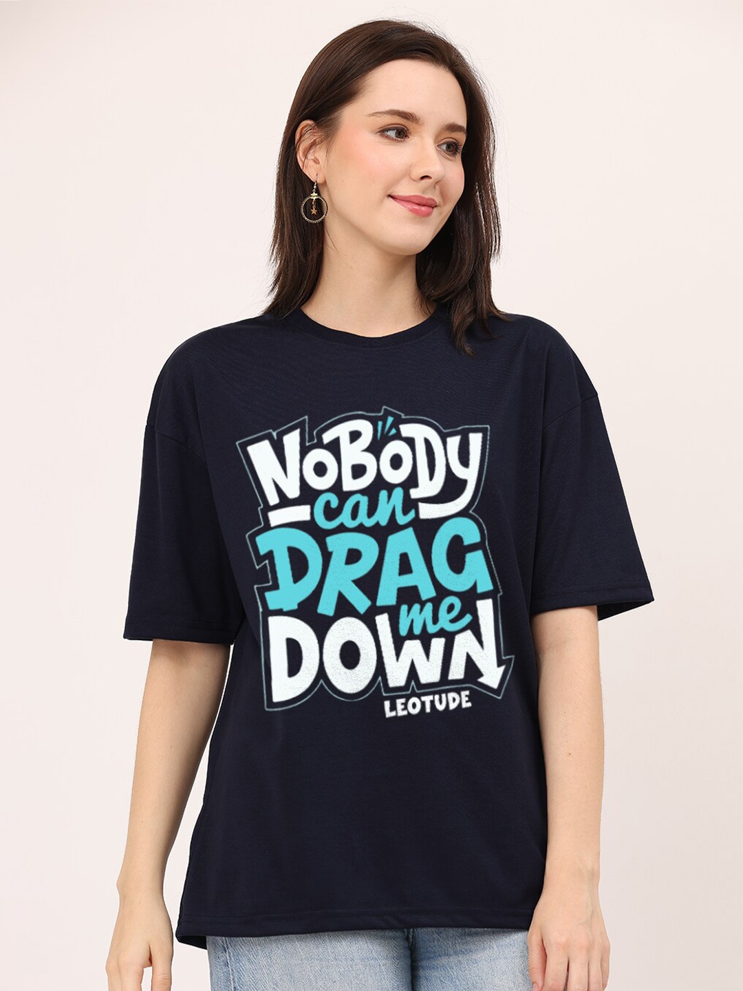 

Leotude Typography Printed Drop-Shoulder Sleeves Oversized T-shirt, Navy blue