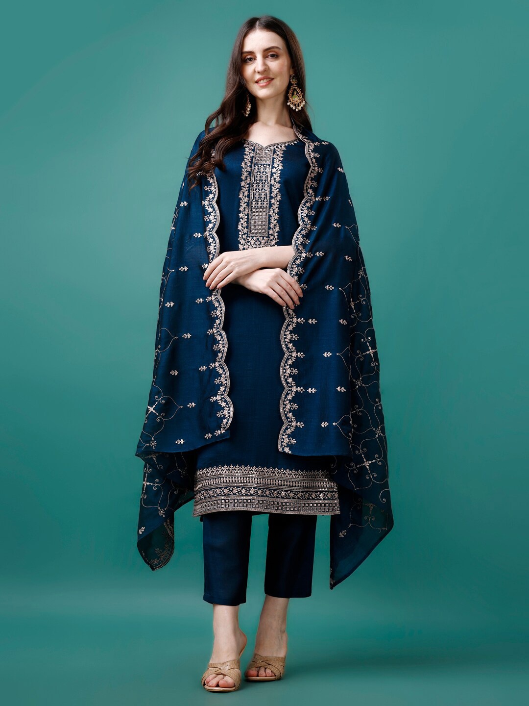 

KALINI Ethnic Motifs Sequinned Embroidered V-Neck kurta With Pant & Dupatta, Navy blue