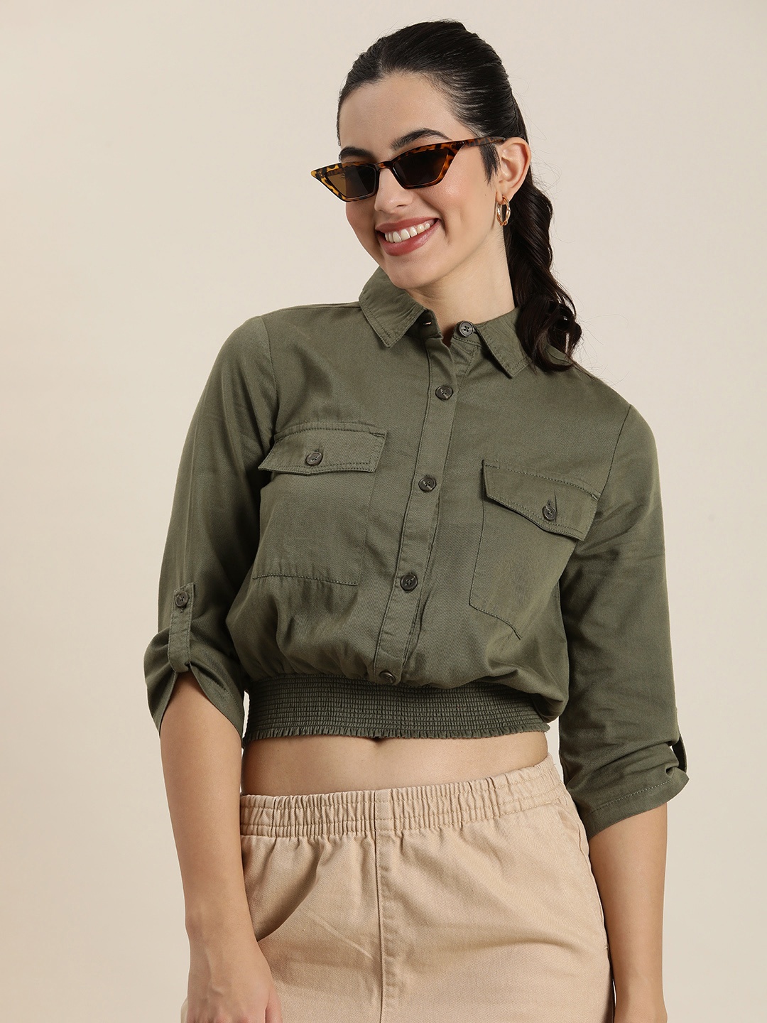 

HERE&NOW Women Relaxed Opaque Crop Casual Shirt, Olive