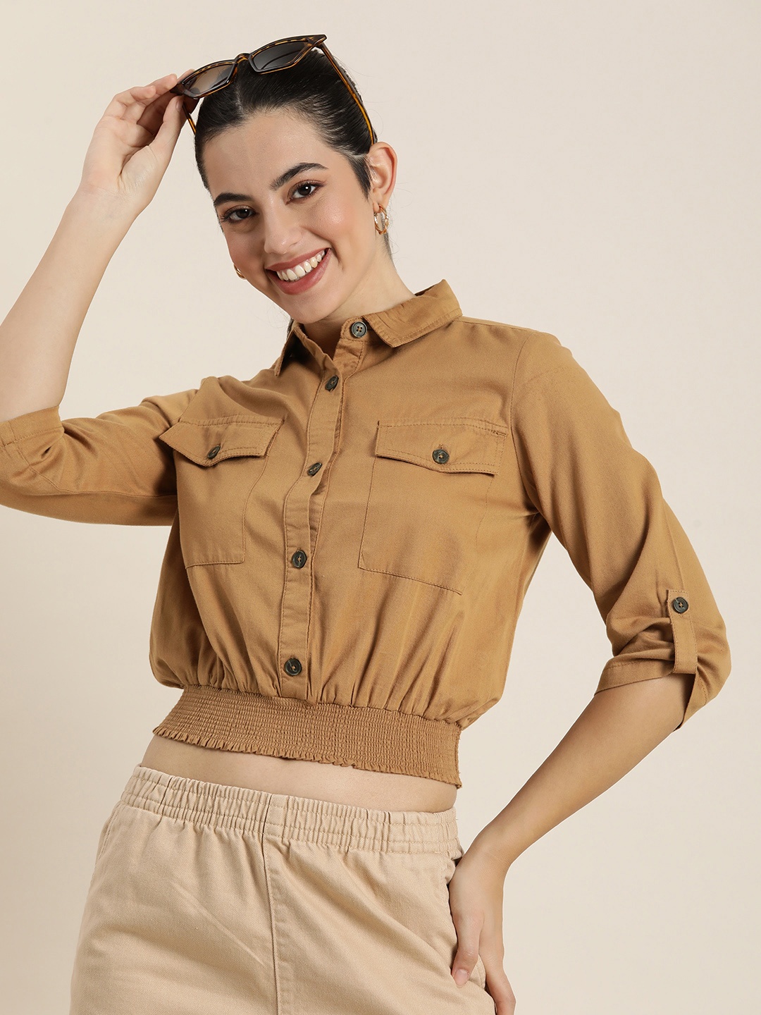 

HERE&NOW Women Relaxed Opaque Cropped Casual Shirt, Brown
