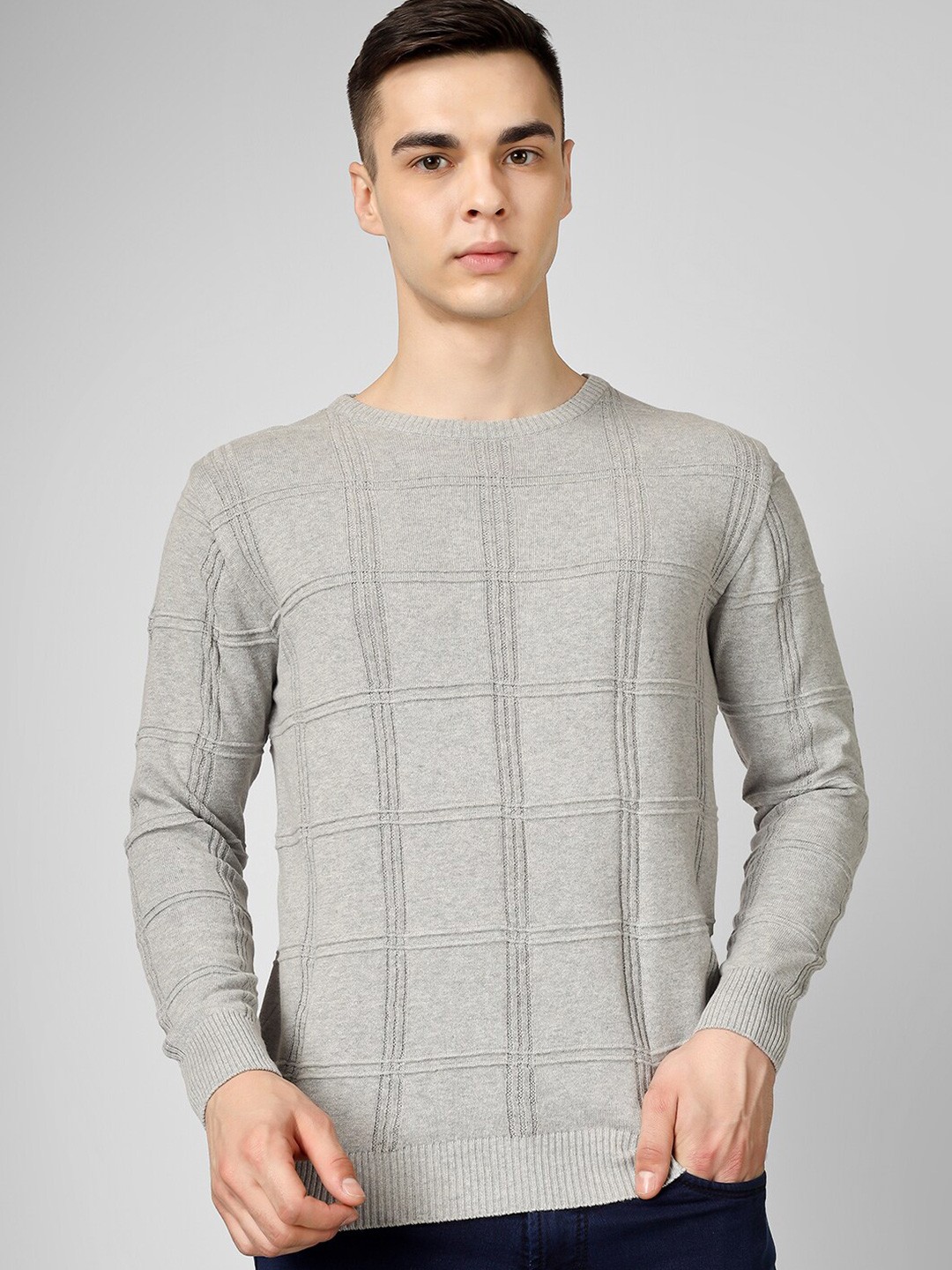 

INVICTUS Self Design Pure Cotton Pullover, Grey