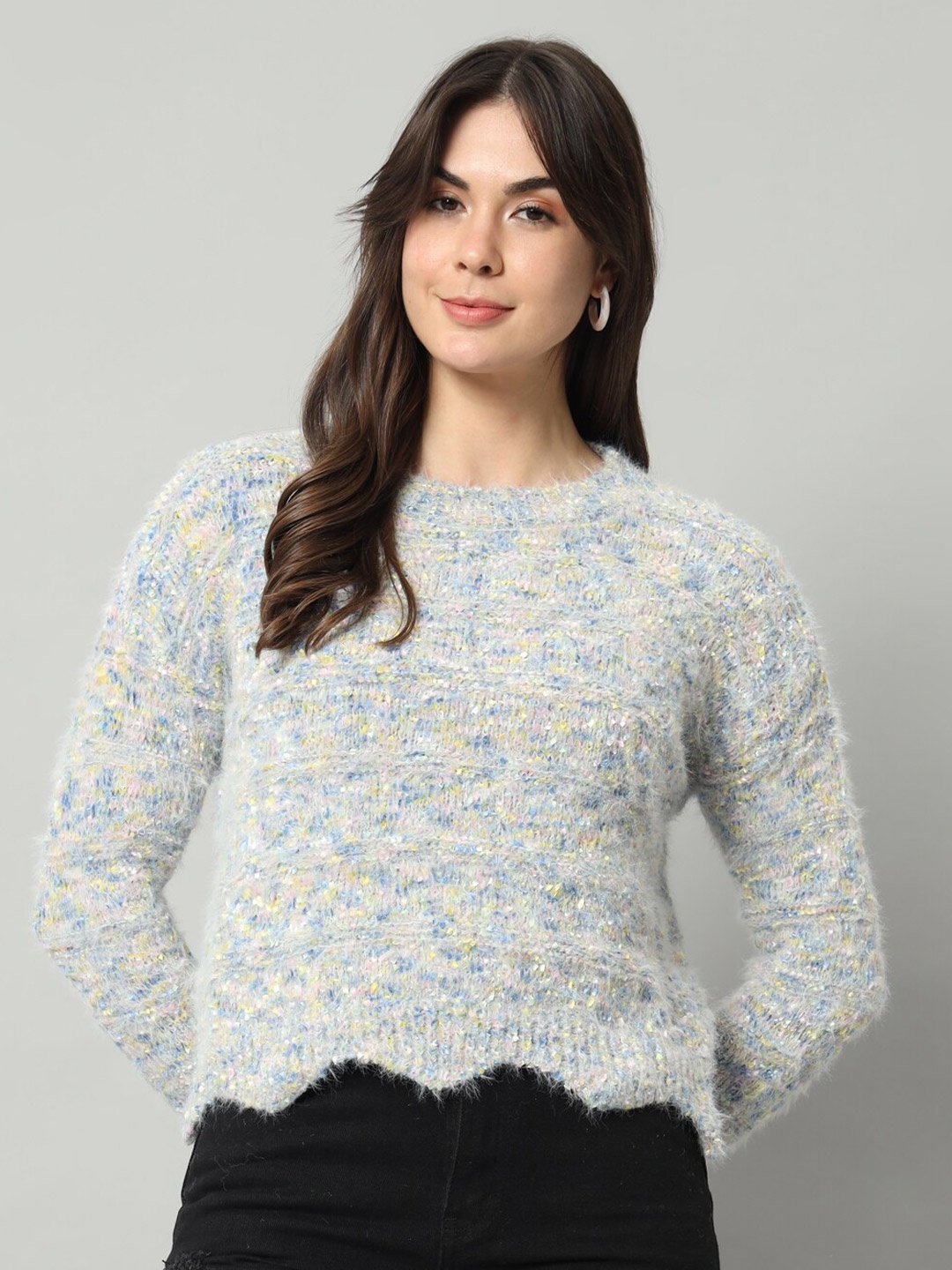 

BROOWL Speckled Self Design Woollen Pullover, Grey