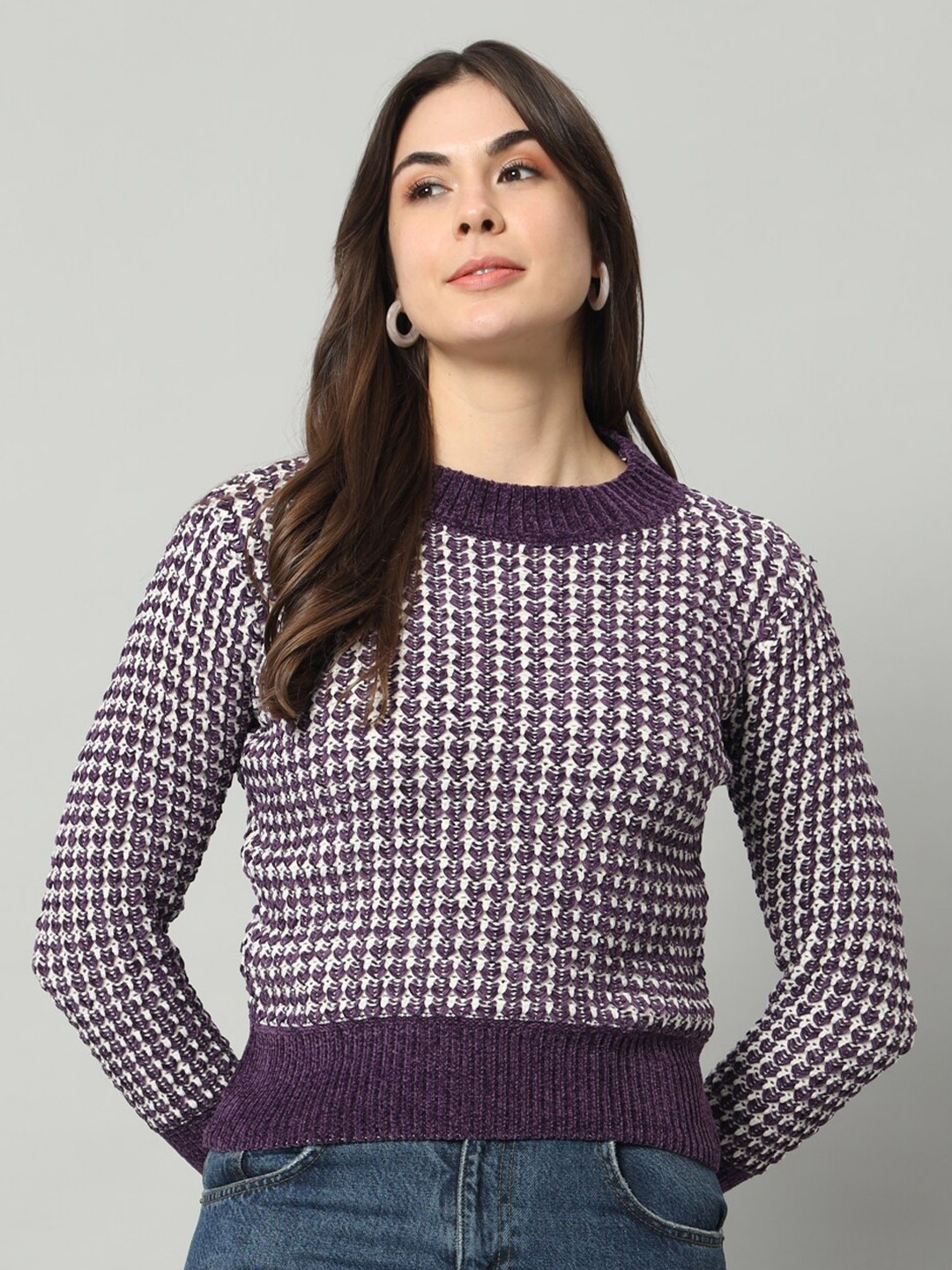 

BROOWL Checked Woollen Pullover, Purple
