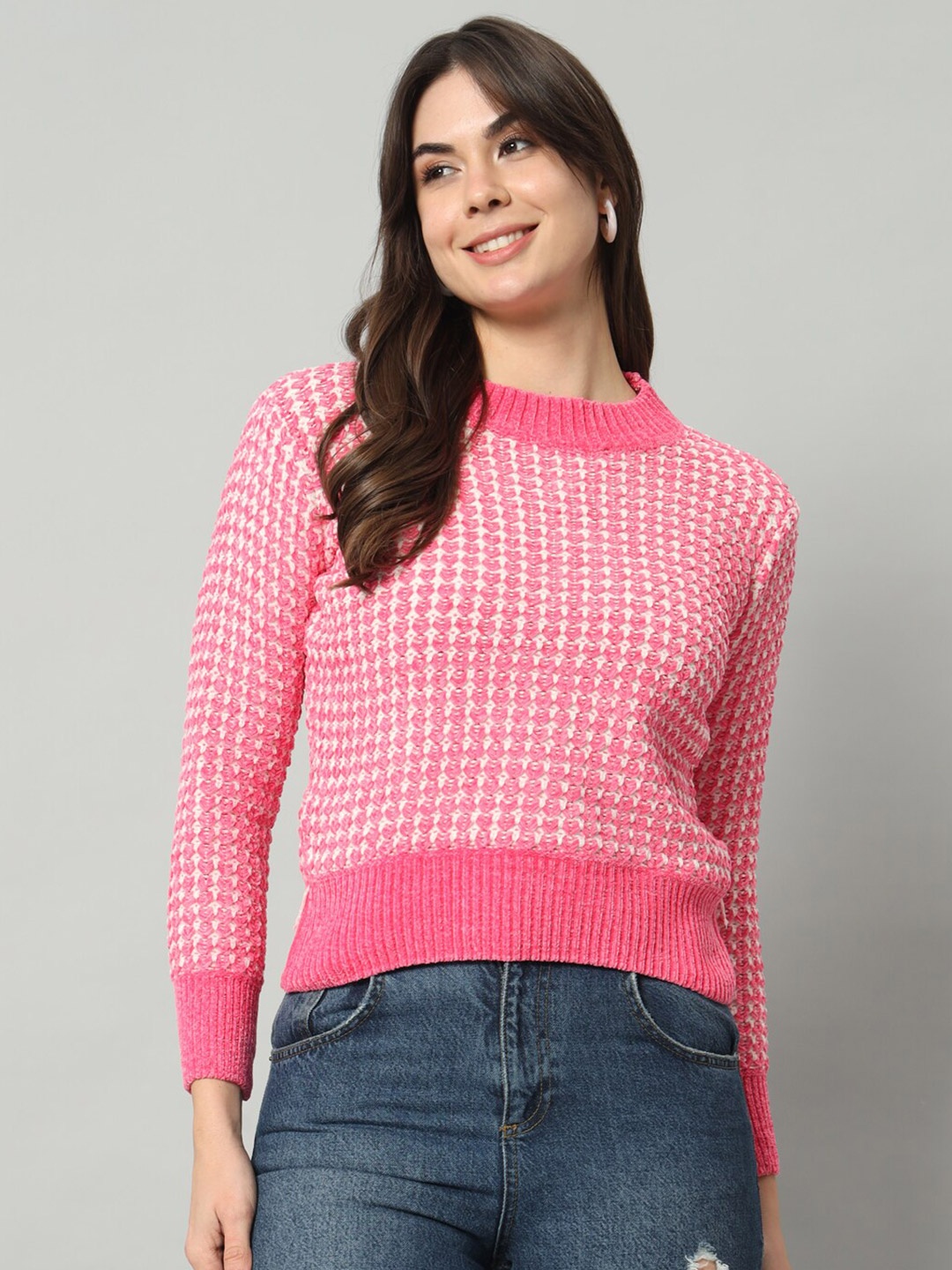 

BROOWL Checked Woollen Pullover, Pink