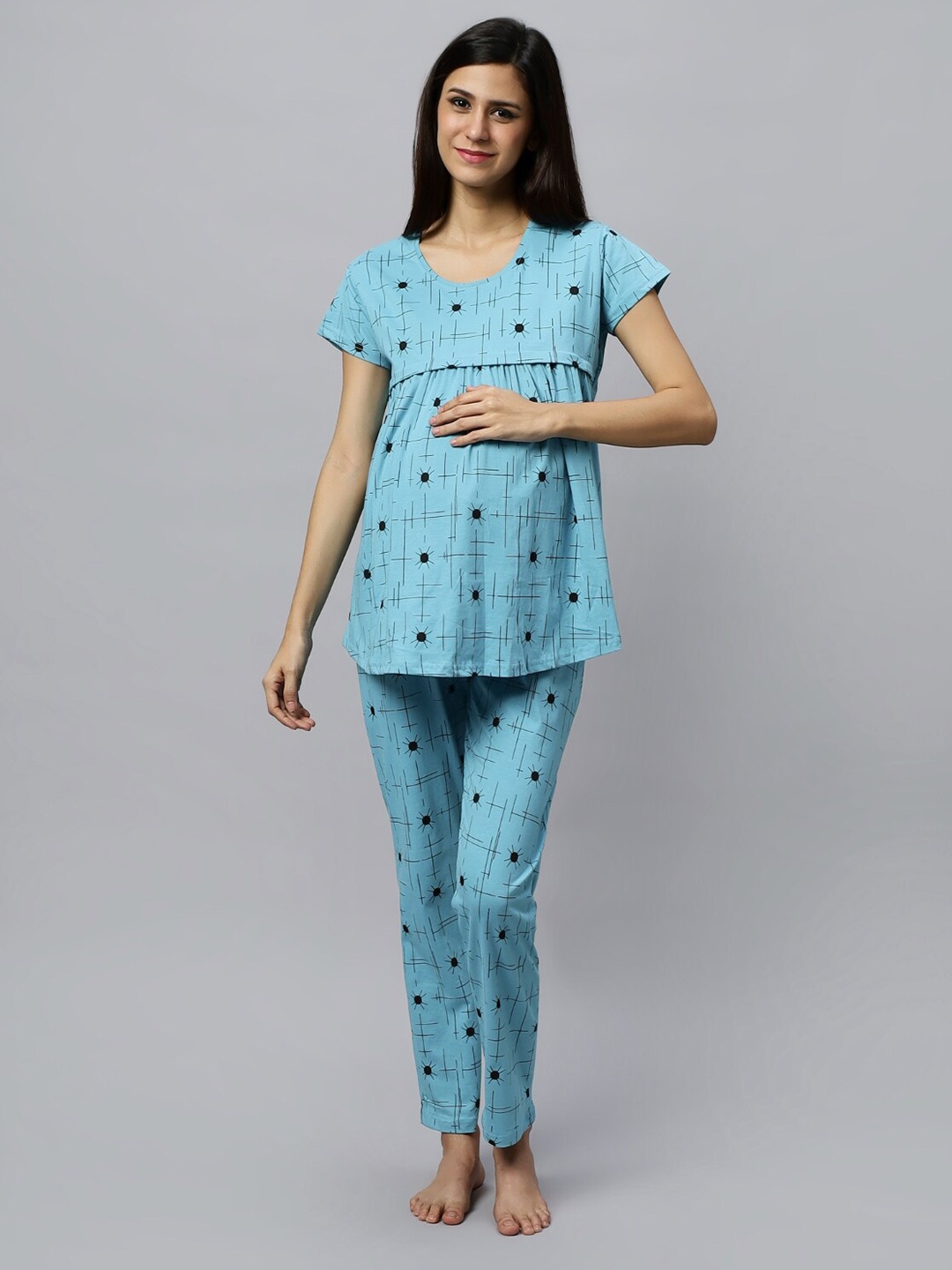 

DZZO Printed Pure Cotton Maternity Night suits, Blue