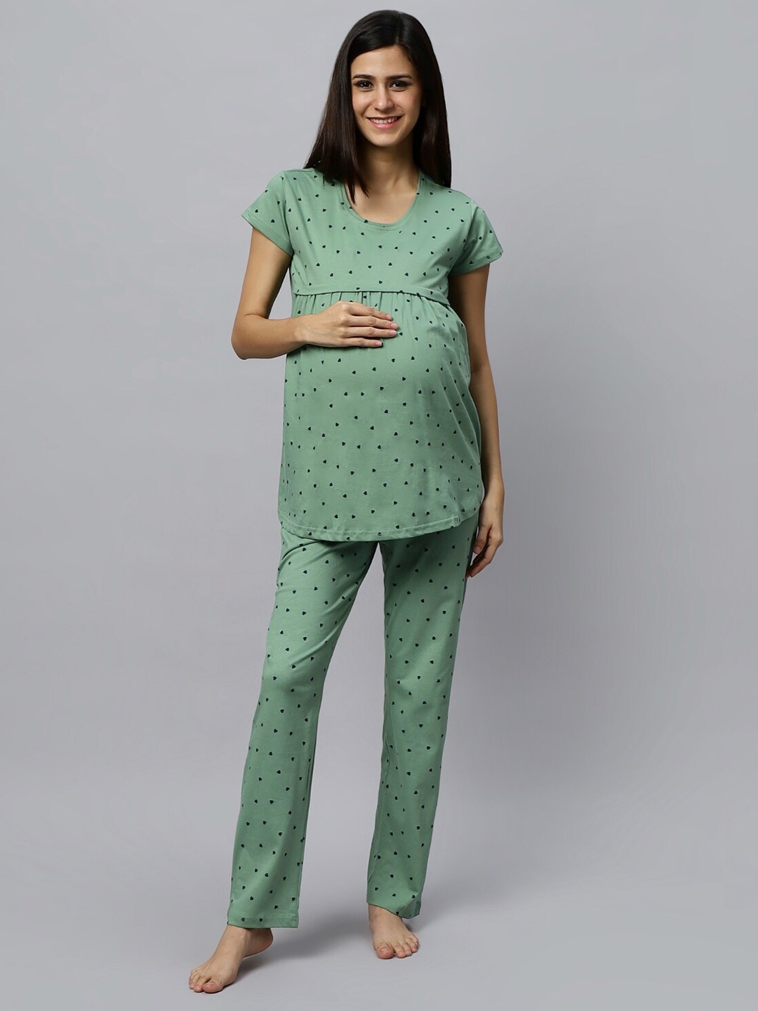 

DZZO Conversational Printed Pure Cotton Maternity & Feeding Night suit, Green