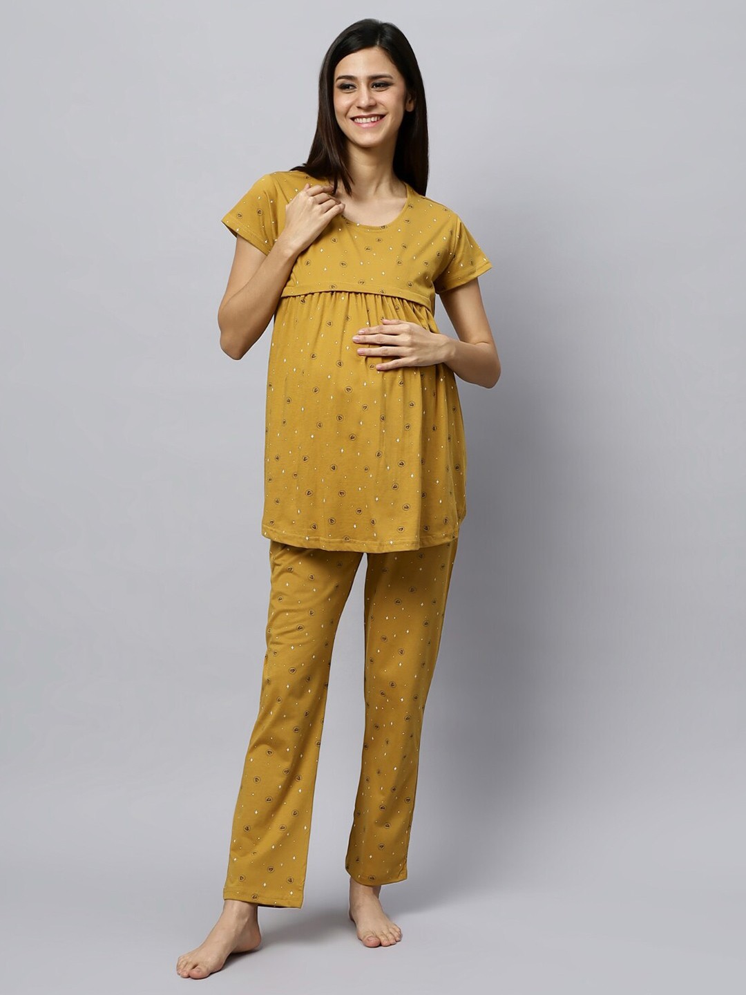 

DZZO Conversational Printed Pure Cotton Maternity & Feeding Night suit, Brown