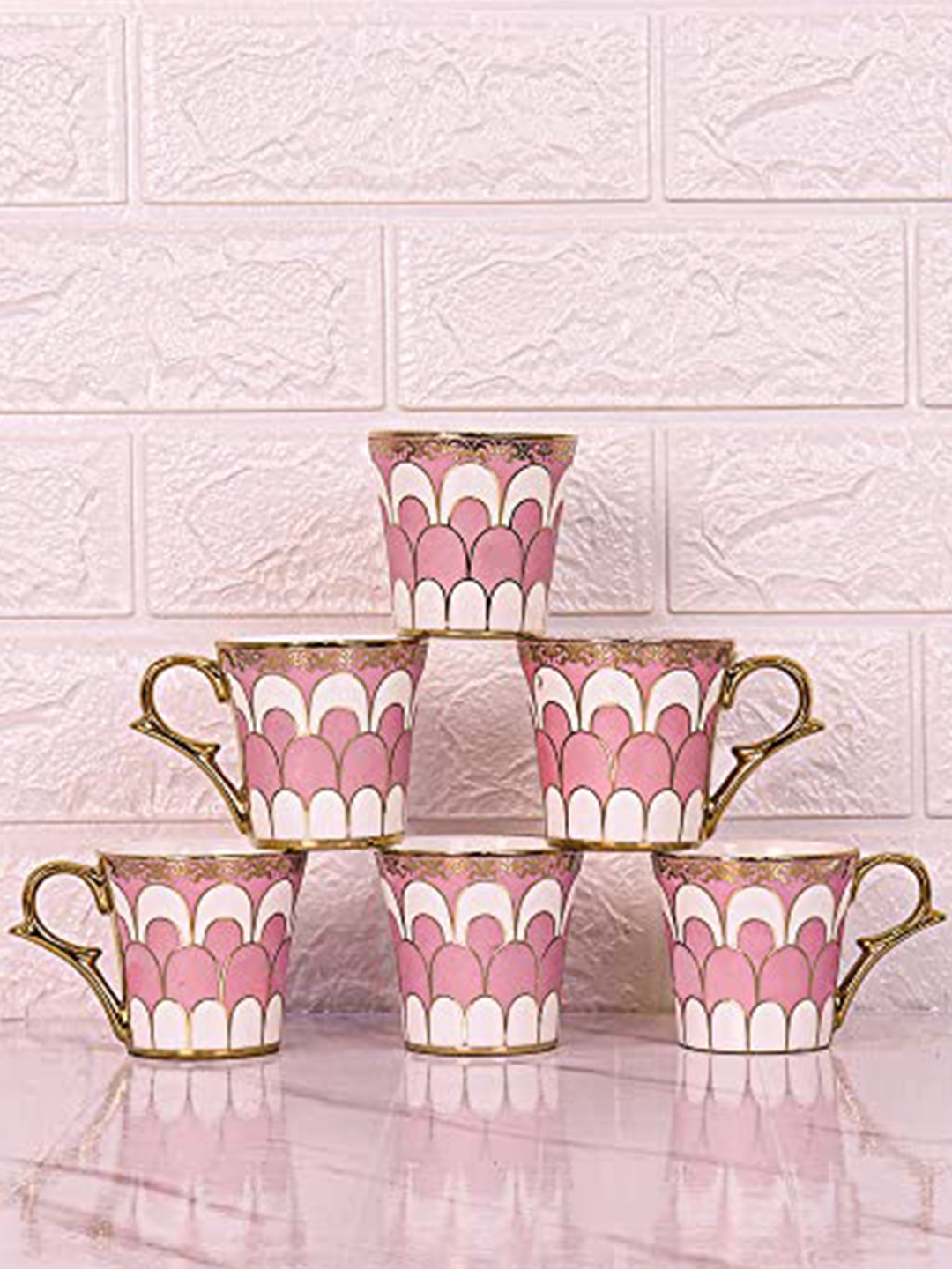 

Femora Gold Toned & Pink 6 Pieces Printed Ceramic Glossy Cups and Mugs