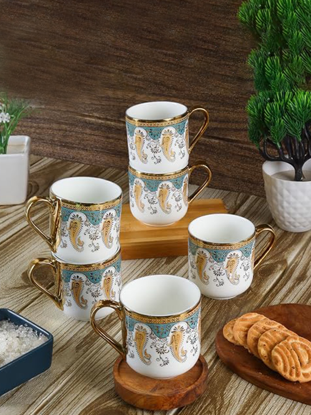 

Femora Gold Toned & White 6 Pieces Ethnic Motifs Printed Ceramic Glossy Cups 180ml