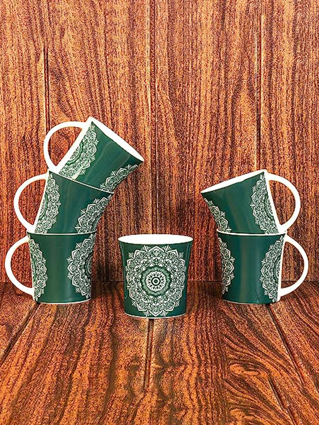 

Femora Green & White 6Pcs Ethnic Motifs Printed Ceramic Glossy Cups & Mugs 160Ml Each