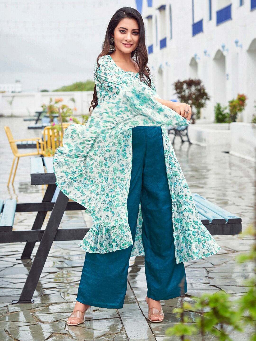 

Selvia Printed Top & Palazzos With Shrug, White