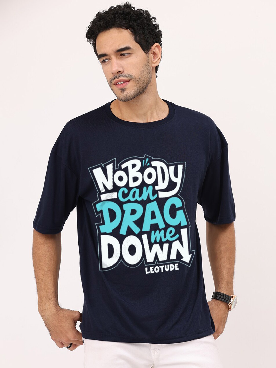 

Leotude Men Navy Blue Typography Printed T-shirt