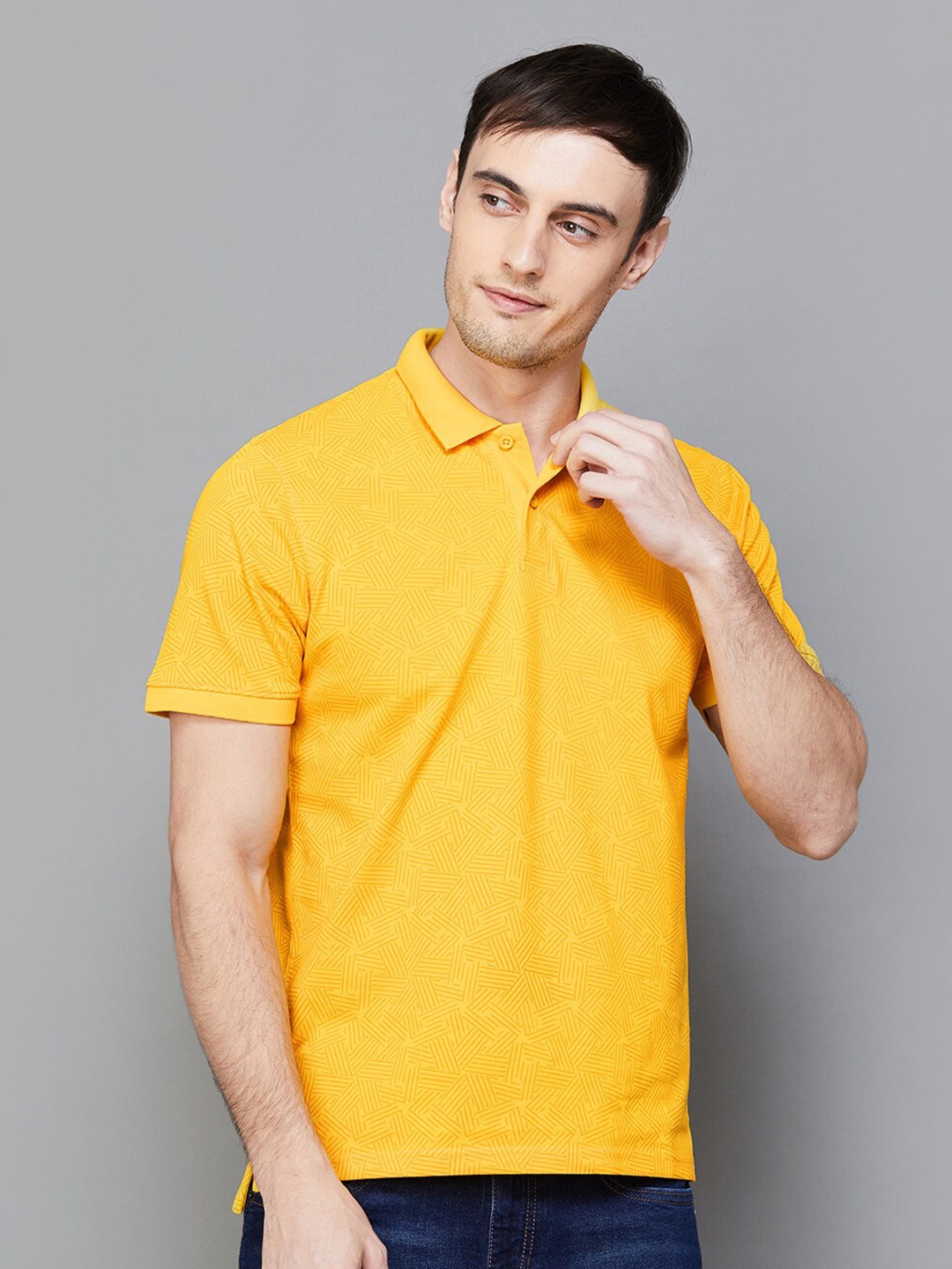 

Fame Forever by Lifestyle Geometric Printed Polo Collar T-shirt, Yellow