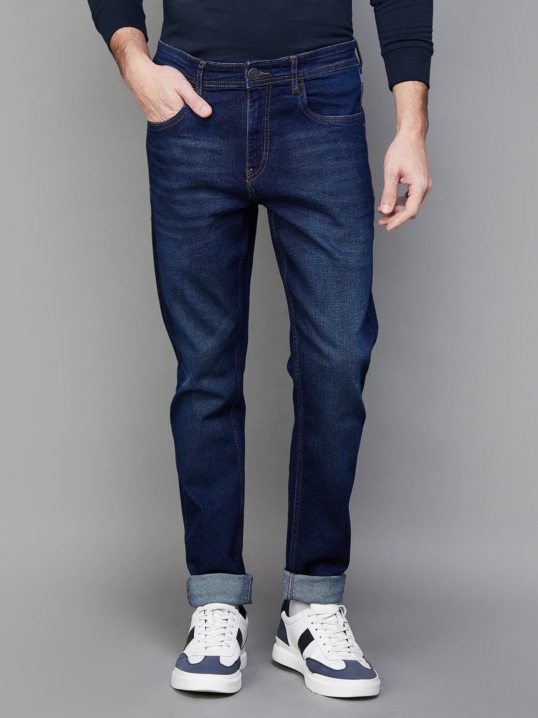 

Fame Forever by Lifestyle Men Clean Look Light Fade Whiskers Tapered Fit Stretchable Jeans, Navy blue