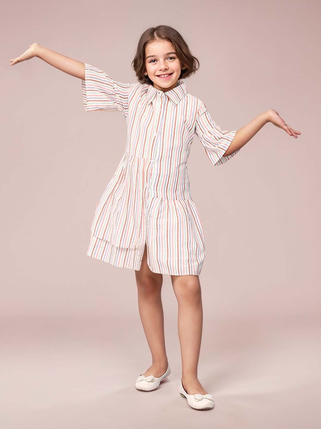 

Toonyport Girls Striped Shirt Collar Bell Sleeve Cotton Dress, White