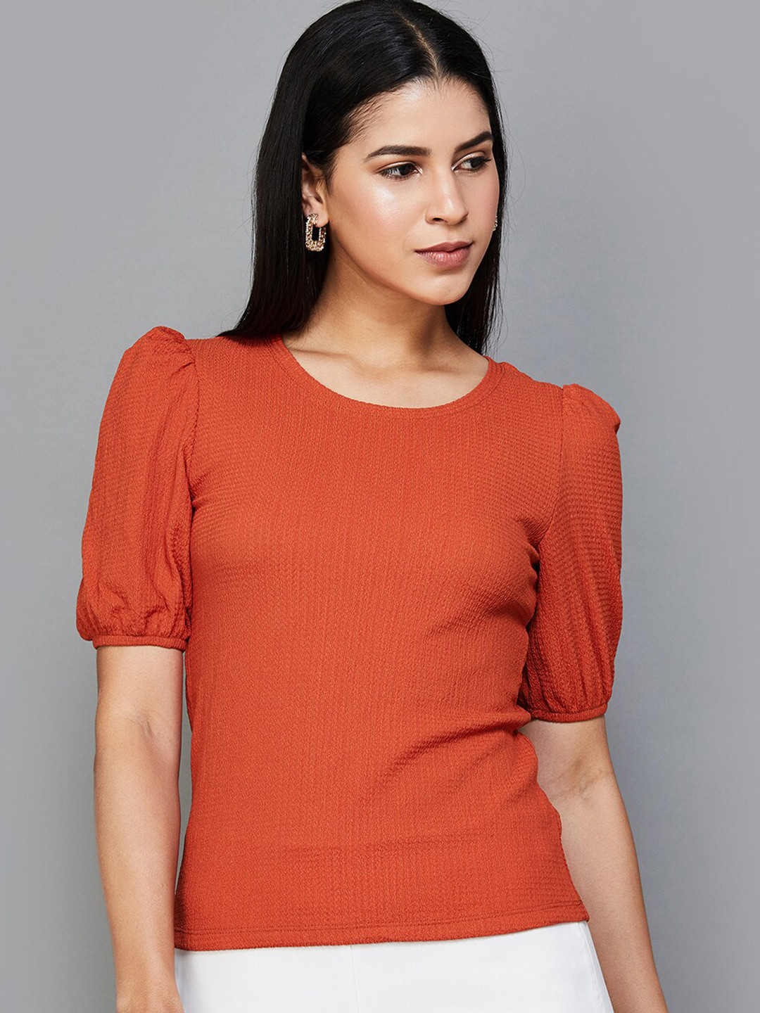 

CODE by Lifestyle Self Design Puff Sleeves Regular Top, Rust