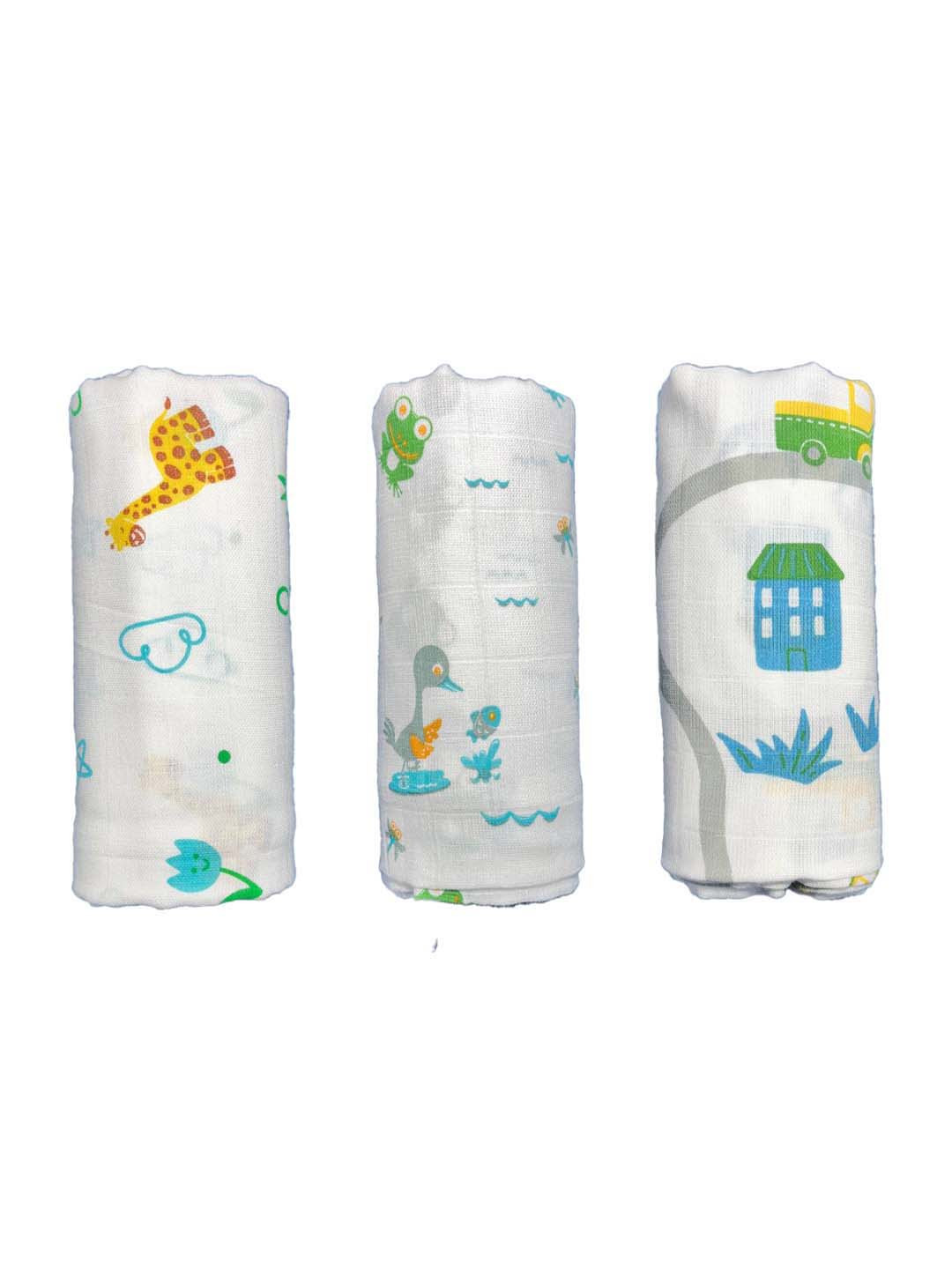 

PINKBUNNY Infant Set of 3 Printed Pure Cotton Swaddle, White