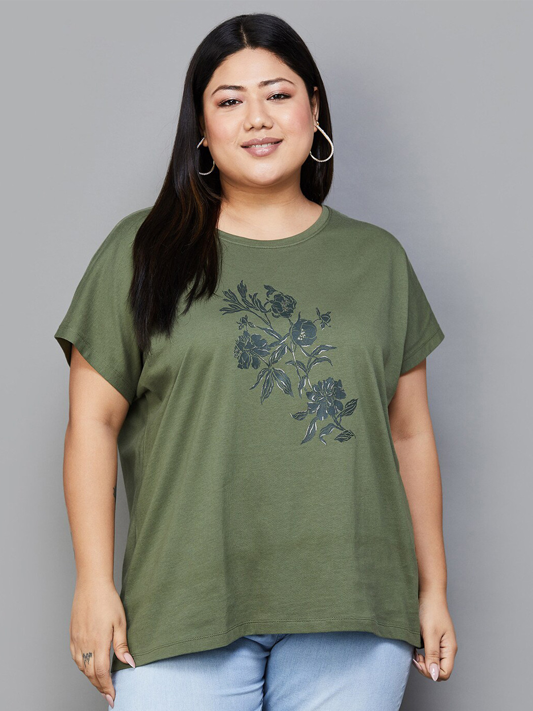 

Nexus by Lifestyle Plus Size Floral Printed Round Neck Extended Sleeves Cotton T-Shirt, Olive