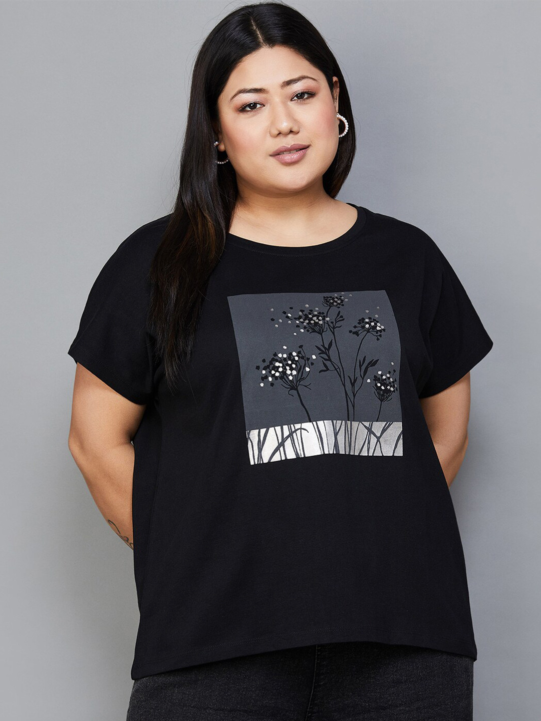 

Nexus by Lifestyle Plus Size Floral Printed Extended Sleeves Cotton T-Shirt, Black