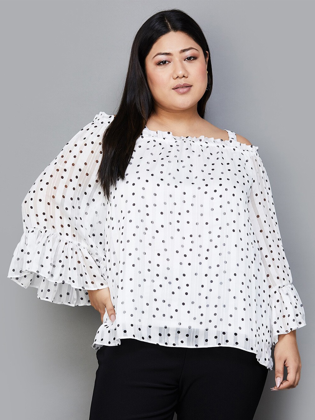 

Nexus by Lifestyle Polka Dots Printed Mandarin Collar Regular Top, Off white