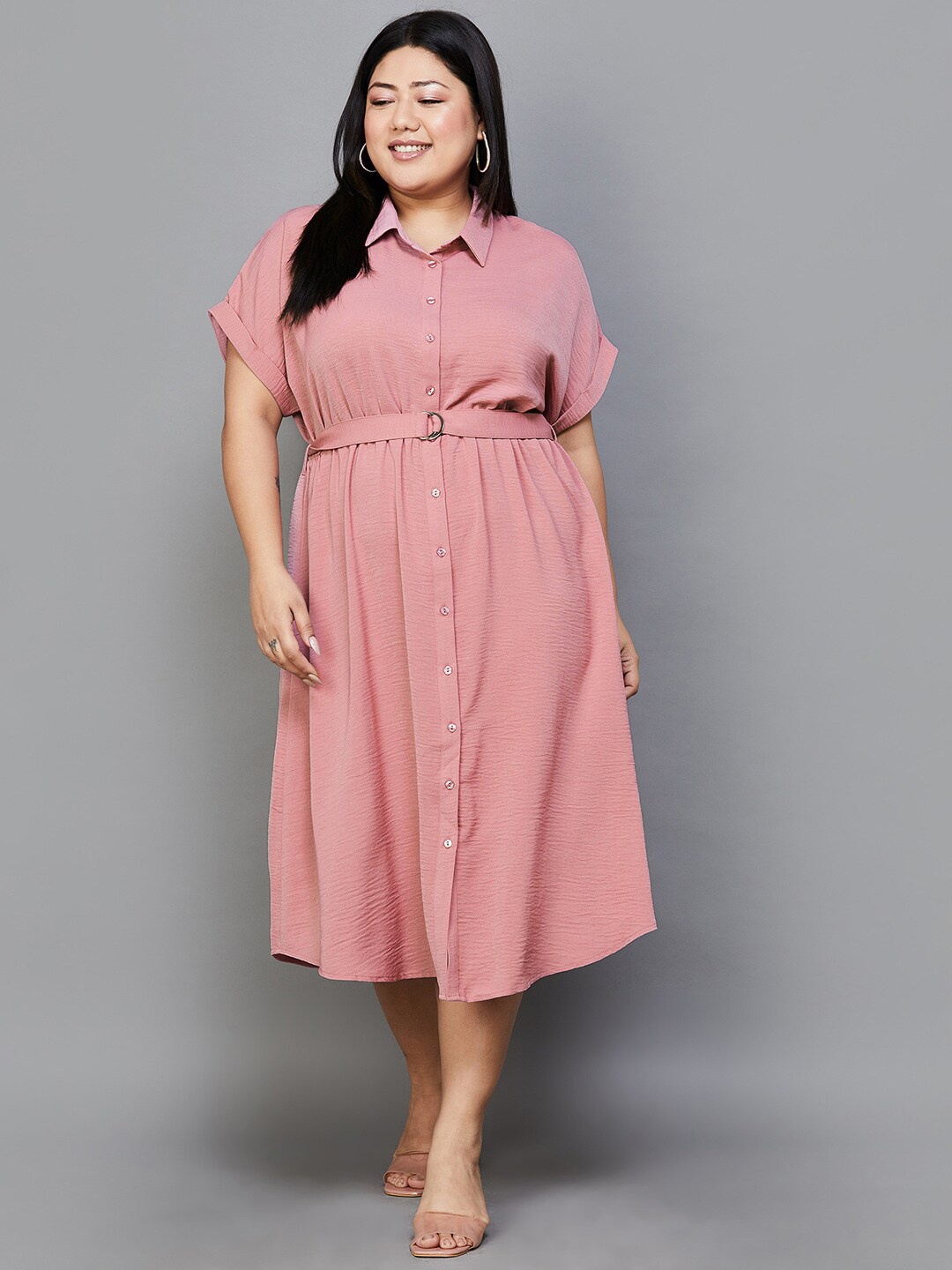 

Nexus by Lifestyle Plus Size Extended Sleeves Shirt Style Midi Dress, Pink