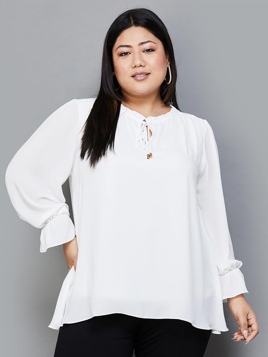 

Nexus by Lifestyle Plus Size Tie-Up Neck A-Line long Top, Off white