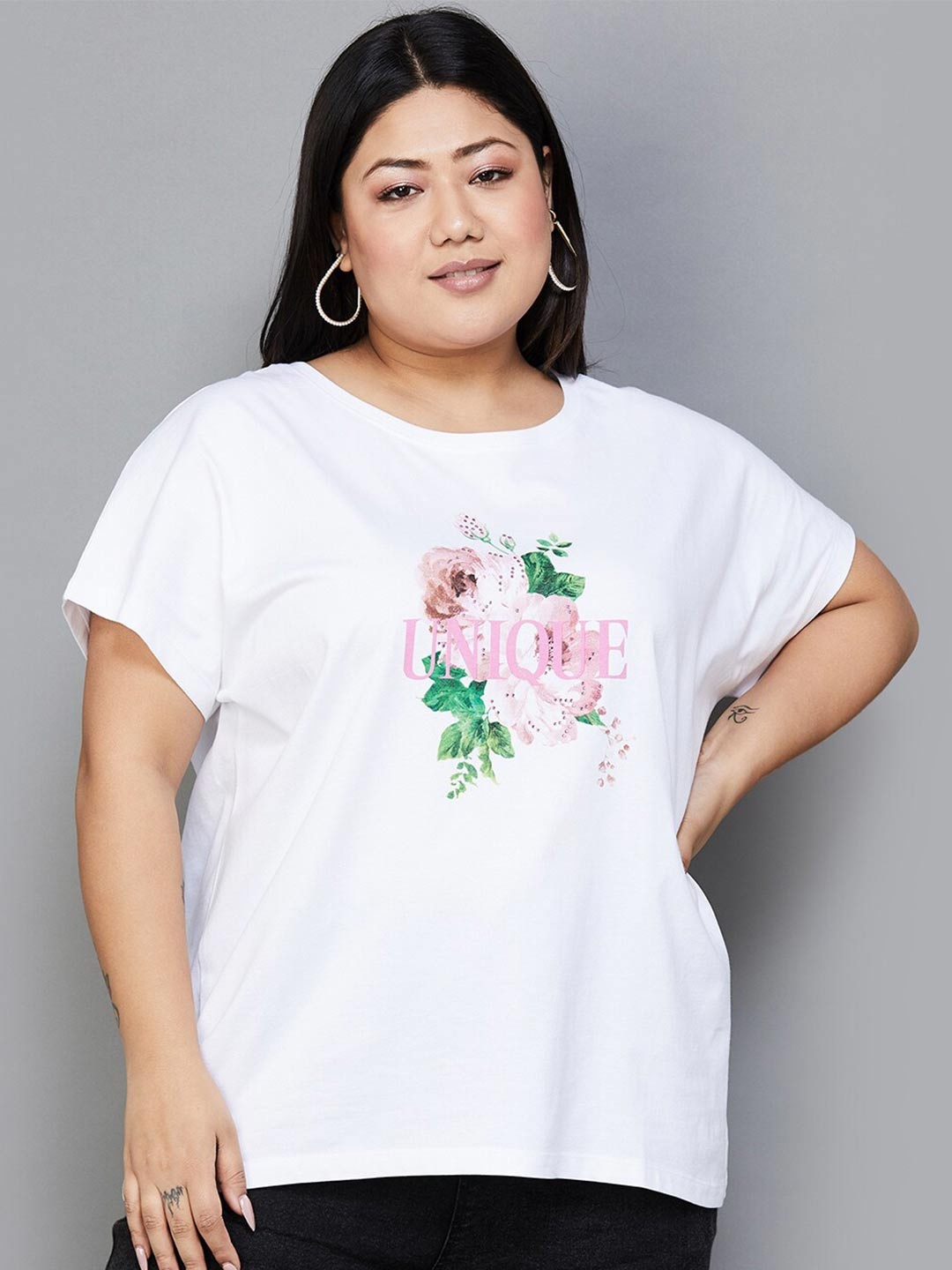 

Nexus by Lifestyle Plus Size Floral Printed Round Neck A-Line Knitted Top, White